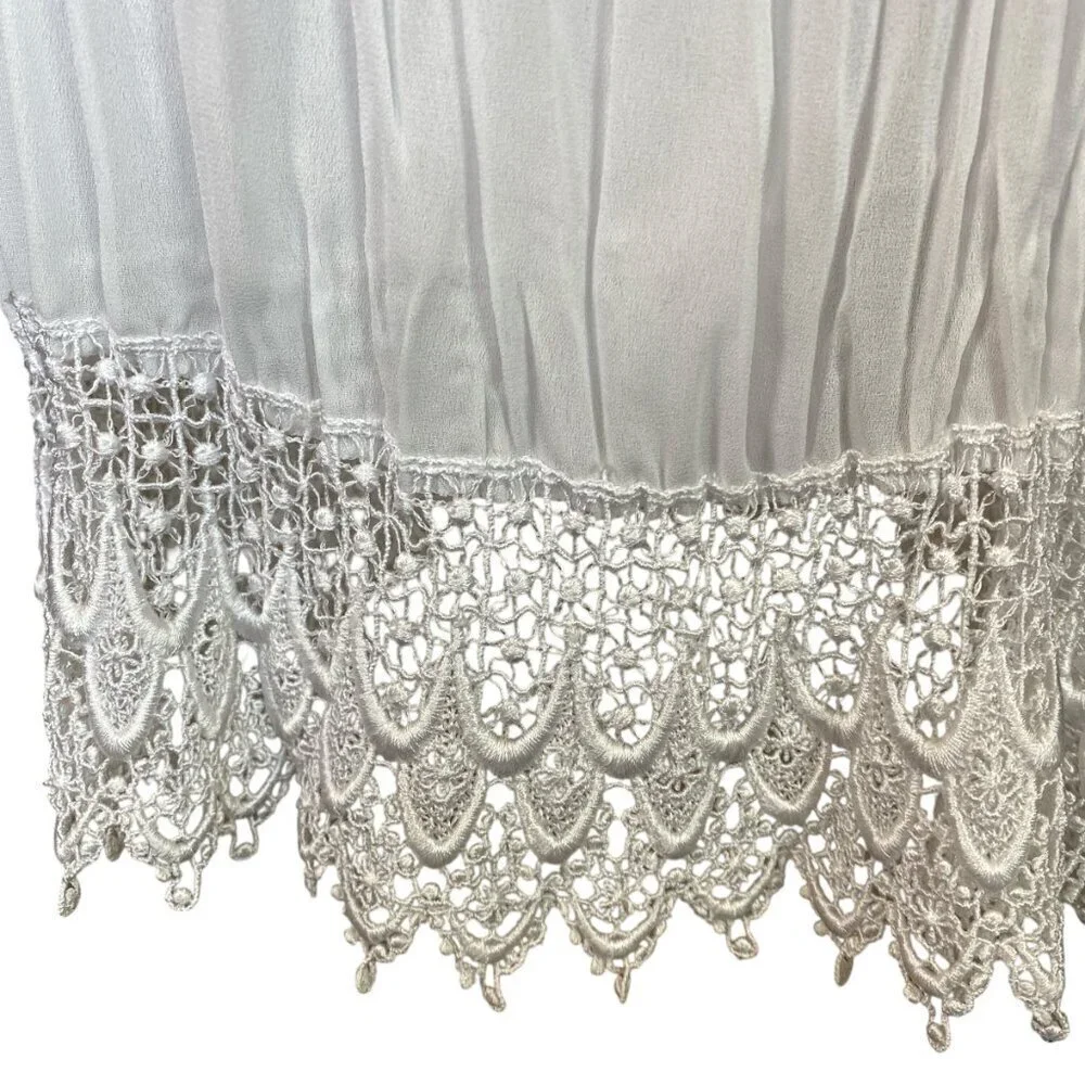 VTG Classique by Shawn Ivory Sheer Crinkle Pleated Crochet Hem Maxi Dress 276L - Picture 7 of 8